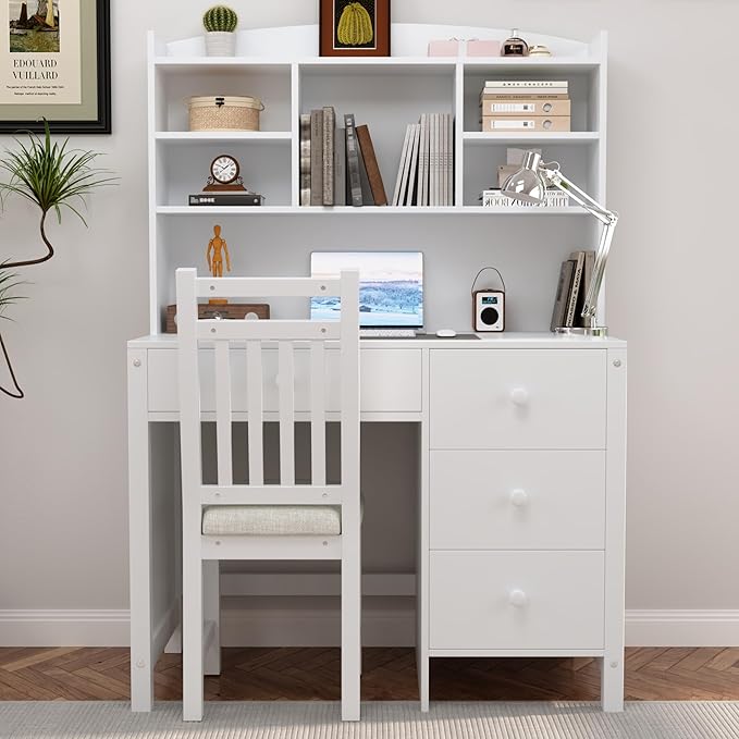 Vintage 40'' Home Executive Desk and Upholstered Chair Set with Bookshelf(White)