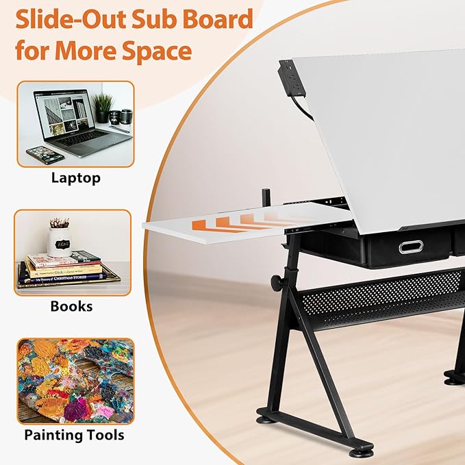HomGarden Height Adjustable Drafting Desk Drawing Table Art Craft Work Station w/Stool, Power Outlet and Storage Drawers for Home Office Study Room, White