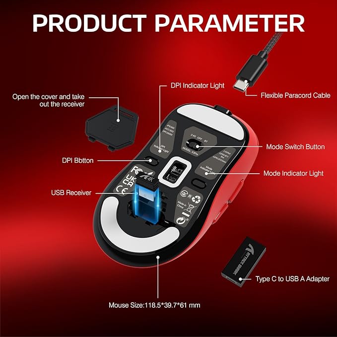 MANBASNAKE Attack Shark X3 Pro 4K/8K Hz Mouse, 59g Superlight BT/2.4G Wireless/Wired Gaming Mouse, PixArt PAW3395 Gaming Sensor, 26000 DPI, Programmable Buttons for Win11/Xbox/PS/Mac(Red)