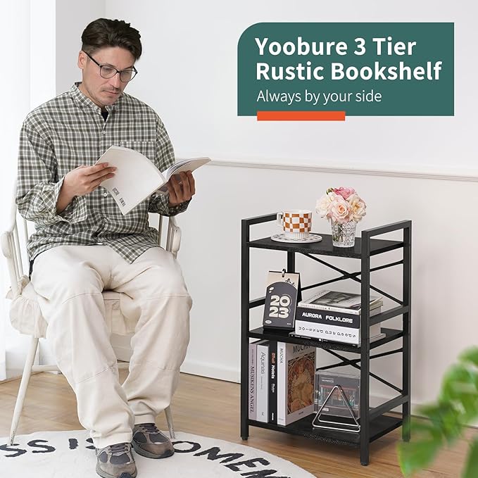 Yoobure Bookshelf Small Book Shelf, Solid Industrial 3 Tier Shelf Bookcase, Short Book Case for Bedroom, Living Room, Office Home, Small Spaces, Easy Assembly Black