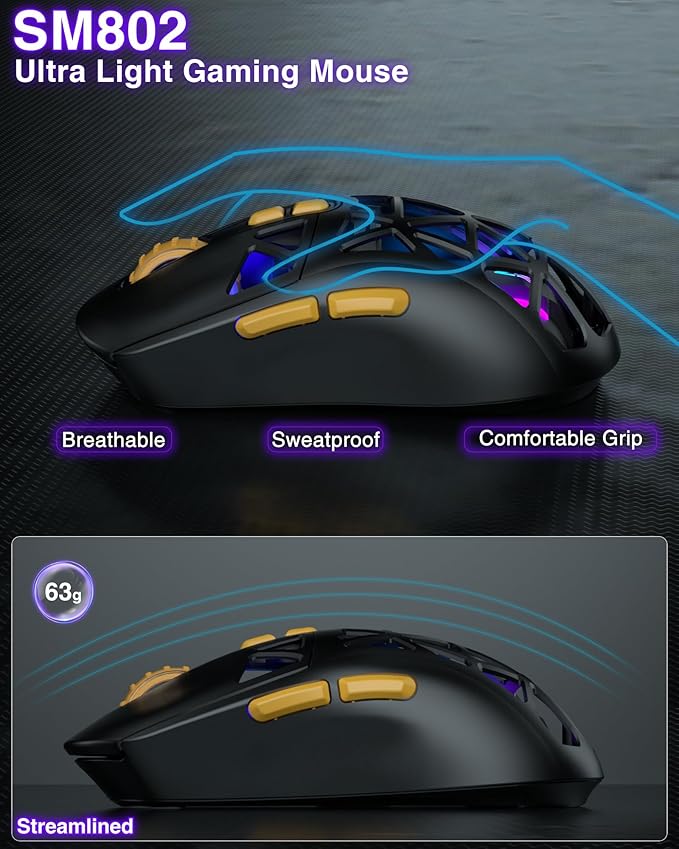 SOLAKAKA SM802 Wireless Gaming Mouse,10000 DPI,Tri-Mode Wired/BT 5.0/2.4GHz Wireless Mouse with Side Button, RGB Programmable Macro Mouse for Laptop (Black)