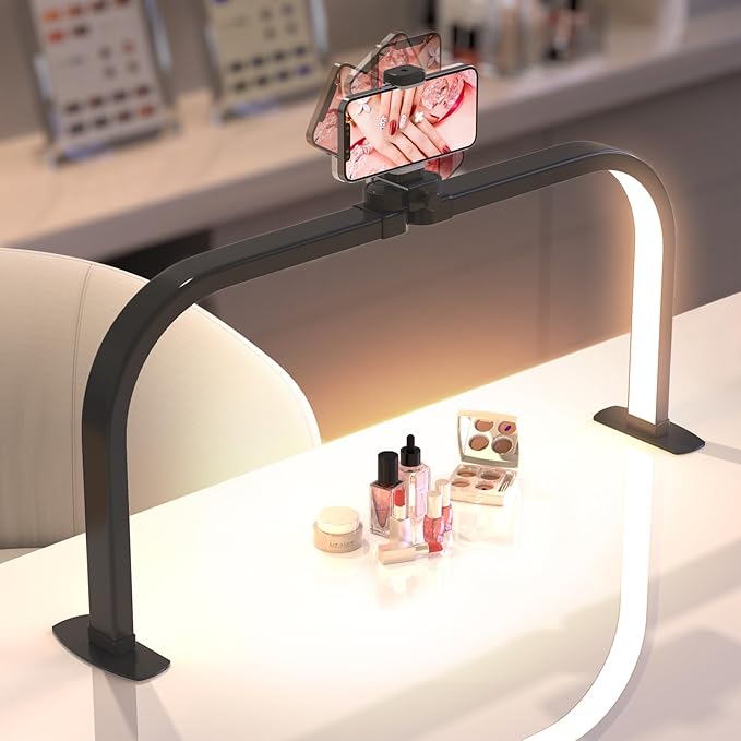 Upgrade Large Half Moon Light for Nail Desk with Phone Holder for Nail Lamp, Foldable Arch Moon Light Tech Perfect for Professional Manicure (Black, Large)