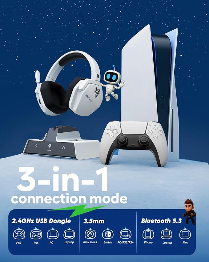 NUBWO G06 Pro Wireless Gaming Headset with Charging Station for Headset & PS5 Controller, 17ms Low Latency, 120H Battery Life, Dynamic 50mm Drivers-White (Only Compatible with PS5)