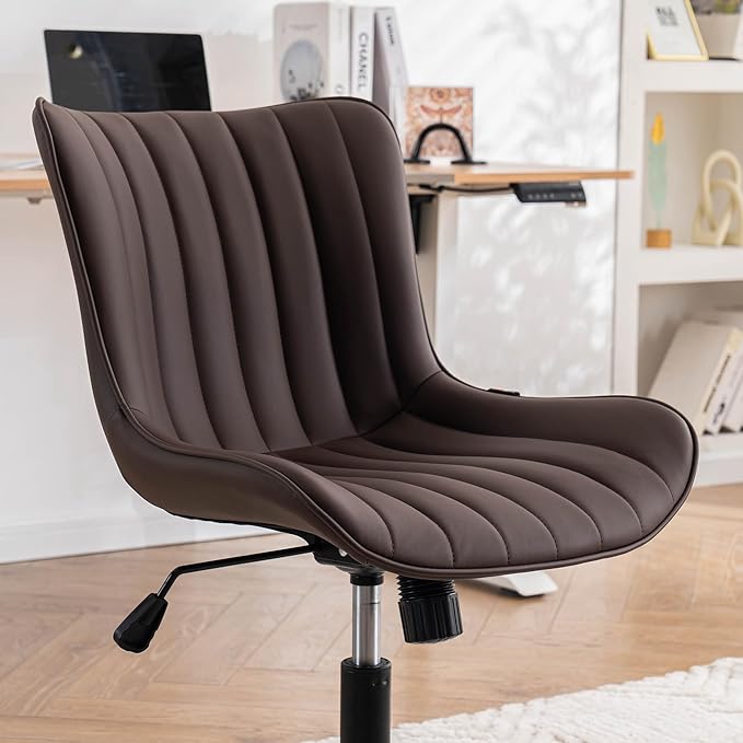 YOUNIKE Brown Ergonomic Home Office Desk Chair with Wheels Comfy Armless Vanity Chair with Back Modern Leather Upholstered Rolling Task Chair Small Cute Computer Drafting Chair Wide Swivel Adjustable