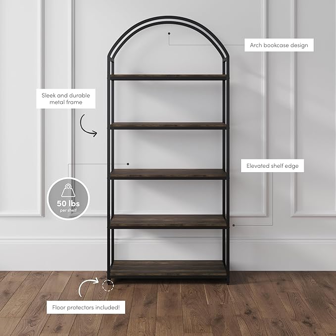 Nathan James Haven Etagere Bookshelf, 5-Shelf Bookcase in Nutmeg Wood and Black Metal Frame with Arch Top and Open Shelves, Nutmeg/Black, Set of 4
