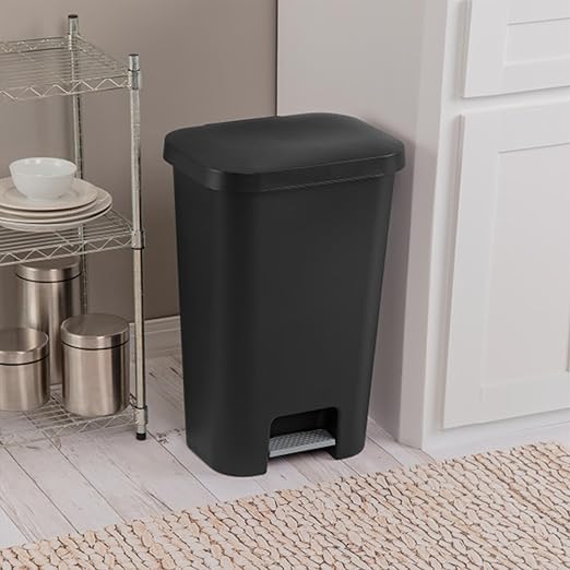 Sterilite 11.9 Gallon Rectangular Step On Kitchen Plastic Indoor Wastebasket with Wide Opening Lid and Comfort Handle for Home, Black (12 Pack)