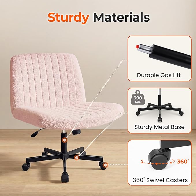Orange Factory Criss Cross Chair Wheels Vanity Chair Office Desk Comfy Wide Cross Legged Armless Teddy Fabric Adjustable Swivel for Home Computer Task (Pink, Teddy Fleece)