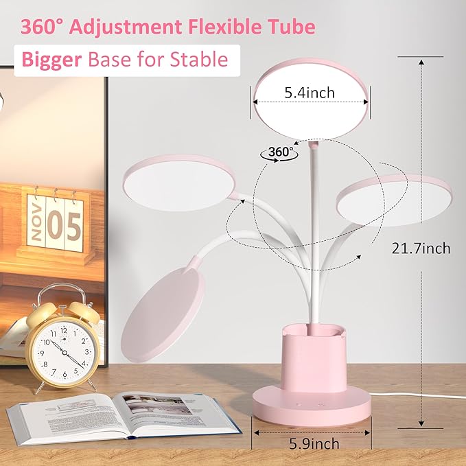 Desk Lamp, LED Desk Lamps for Home Office, Touch Table Lamp with 3 Color Modes 360° Adjustable Arm, Dimmable Desk Light with Pen Phone Holder for College Dorm, Pink