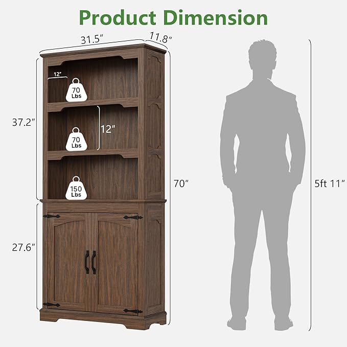 70 Inches Farmhouse Bookcase Bookshelf, Two-Tone Shelves, 5 Tier Bookshelf with Door Storage Arched Trim, Home Office Living Room Storage Cabinet Unit, 31.5x11.8 Inches (Walnut, Doors Storage)