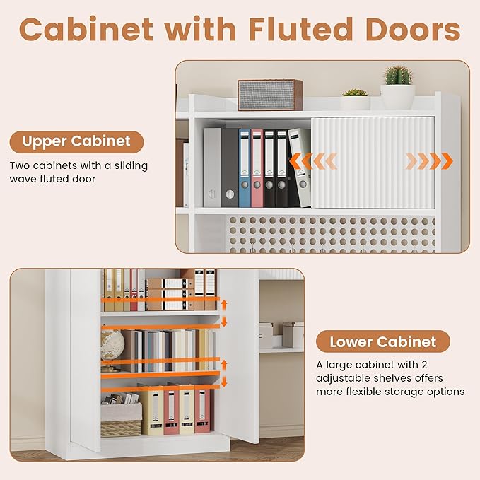 kepptory 63" Tall Computer Desk with Hutch, Fluted Wood Computer Desk, Featuring Charging Station, Drawer and Storage Cabinet, for Home Office Work and Study (White)