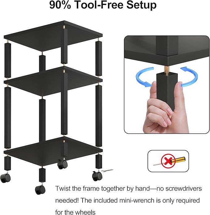 3-Tier Printer Stand with Storage, Mobile Printer Cart with Rolling Casters and Adjustable Feet, Under Desk Storage Shelf for Home Office, Black, 15.7" x 11.8" x 25.9"
