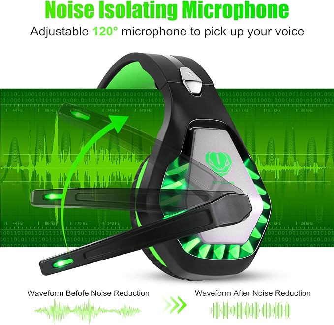 Gaming Headset for PS4, Xbox One, PC, PS5, Laptop, Mac, for Nintendo Switch, 3.5MM Noise Cancelling Over Ear Headphones with Mic, Bass Surround, Soft Memory Earmuffs Green