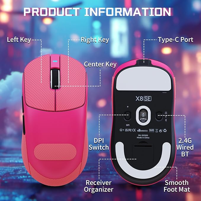 ATTACK SHARK X8SE Wireless Gaming Mouse,Adjustable 25K DPI PAW3311 Optical Sensor,Ergonomic 59g Lightweight,Triple Modes 2.4G/BT/USB-C,500mAH Battery,5 Programmable Buttons for PC/Mac-Red&Griptape