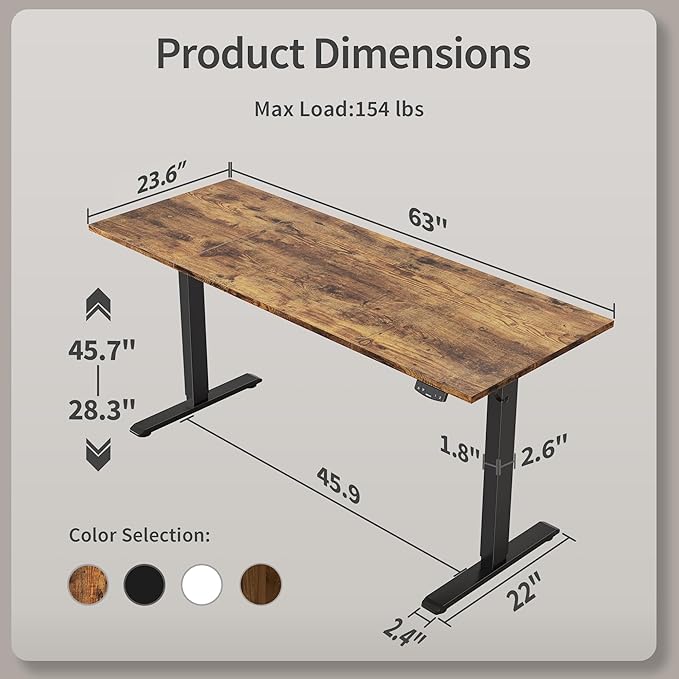 Agilestic Electric Standing Desk, 63 x 24 Inches Height Adjustable Desk, Sit Stand up for Work Office Home, Ergonomic Rising Computer Table with Memory Preset, Rustic Brown