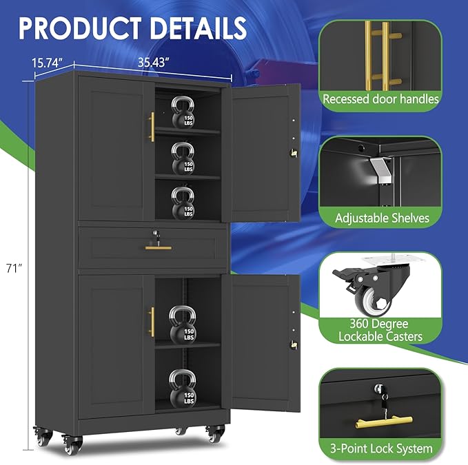 61" Metal Garage Storage Cabinet with Wheels and Locking Doors and Tall Rolling Steel Tool Cabinet with 5 Adjustable Shelves for Garage,Home,Office,Shop (Black, 71" H x 35.43W x 15.74" D)