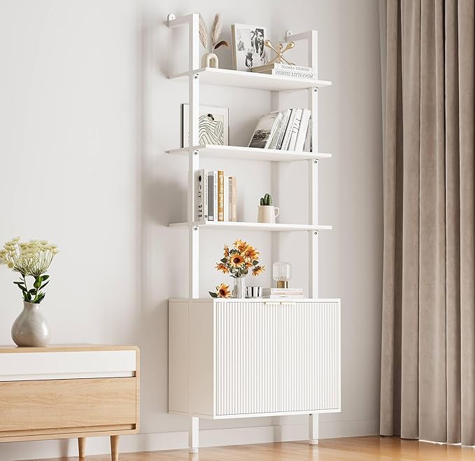 INNOD 74" Tall Bookshelf with Storage Cabinet, Modern Ladder Shelf with Wood and Metal Frame, Wall Mount Bookcase Open Display Shelf Furniture for Living Room, Bedroom, Home Office, White
