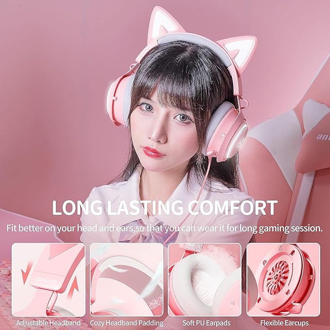 SOMIC GS510 Gaming Headset, Cat Ear Headset PC Gaming Headphones with Retractable Mic Noise Cancelling, Stereo Sound, DIY Face Covers for PC, PS4, PS5,Xbox One(Only White LED Light)-Pink