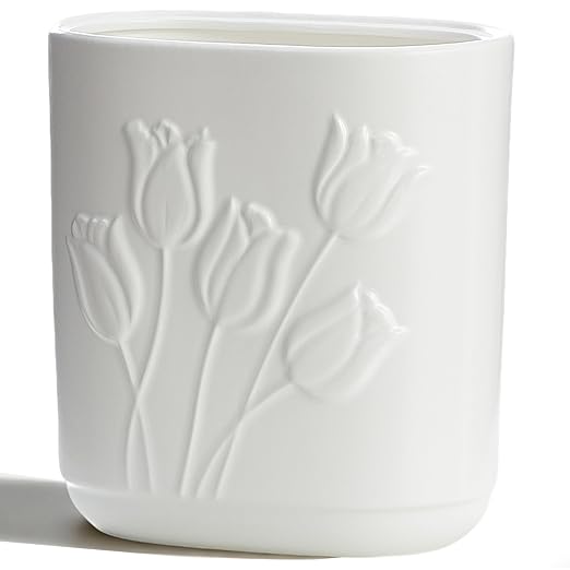 White Ceramic Tulips Small Bathroom Trash Can 2.6 Gal (10 Liter) - Heavy & Decorative Garbage Bin for Bathroom, Kitchen, Office, Bedroom & Living Room Corner