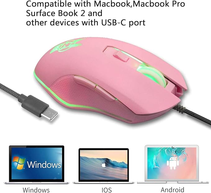 IULONEE USB Type C Wired Mouse,Silent Computer Mouse Optical Gaming Mice Ergonomic 7 LED Backlight 2400 DPI 6 Buttons for Office Home Windows PC,Laptop,Desktop,Notebook,MacBook(Type-C Pink)