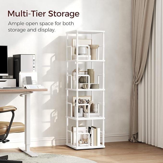 MAHANCRIS 4-Tier Rotating Bookshelf, Freestanding Corner Bookshelf, 360° Spinning Bookcase, Industrial Style Storage Rack with Rails, for Living Room, Bedroom, Study, White BKWT1501