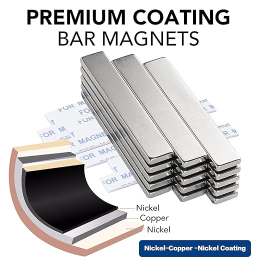 TRYMAG Neodymium Magnet, 50 Pack Strong Bar Magnets with Double-Sided Adhesive, Heavy Duty Metal Magnet Bar, Epoxy Coating Earth Magnets Perfect for Shower Door, Garage, Science, DIY - 60 x 10 x 3 mm