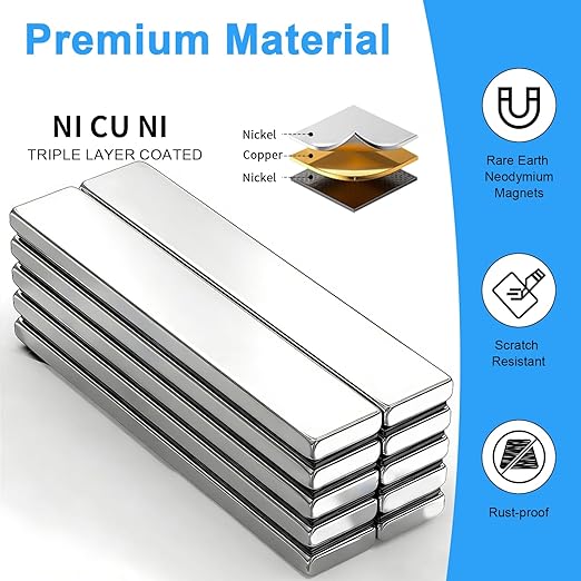 Strong Magnets, Caturledas 10 Pack Heavy Duty Rare Earth Neodymium Magnets with Double Sided Adhesive, Rectangular Bar Magnetic Strip for Refrigerator Kitchen Office Science Craft, 60x10x3 mm, Silver