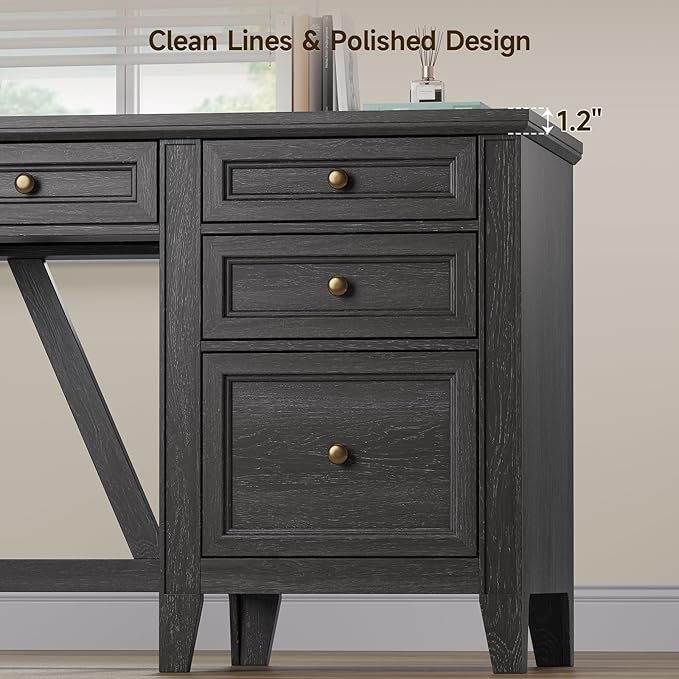 ONBRILL 54 Inch Farmhouse Executive Desk, Computer Desk with Drawers, Home Office Desk with Charging Station, for Working Studying Writing, Black
