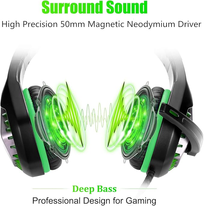 Gaming Headset for PS4, Xbox One, PC, PS5, Laptop, Mac, for Nintendo Switch, 3.5MM Noise Cancelling Over Ear Headphones with Mic, Bass Surround, Soft Memory Earmuffs Green