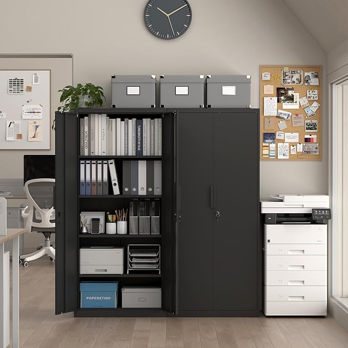71" H Metal Garage Storage Cabinets with Lock, Black Metal Storage Cabinet with Doors and Shelves, Tall Locking Cabinets for Garage, Kitchen, Office
