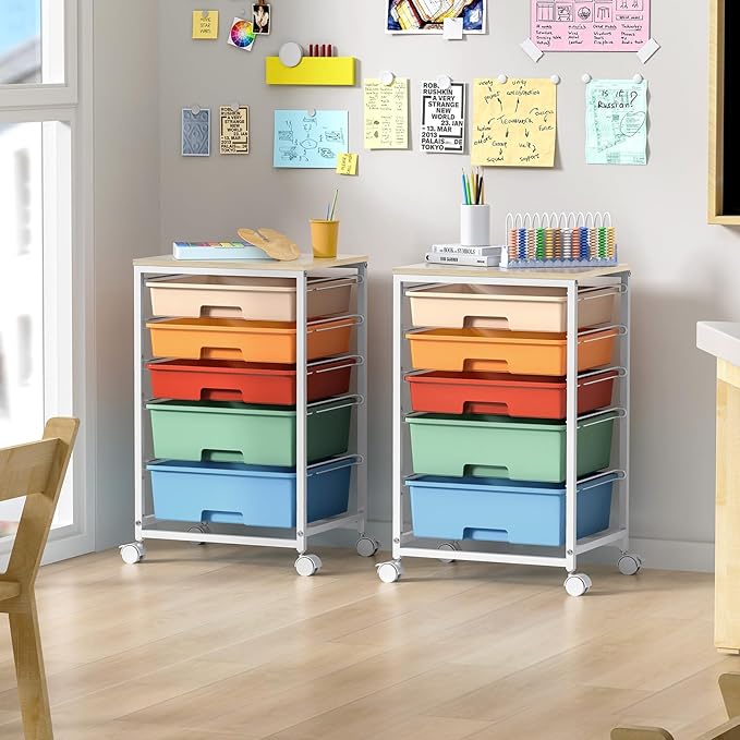 SYKIARIOL Utility Cart with 5 Drawers,Storage Cart with Wooden Tabletop and Lockable Wheels,Craft Storage Trolley Organizer,5-Tier Rolling Utility on Wheels,Macaron