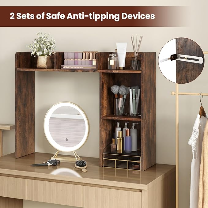 Desktop Bookshelf, 3-Tier Desk Hutch Shelf with 5 Display Rack for Computer Desk, Desk Organizer Shelves for Top of Desk, Dorm, Home, Office (Rustic Brown)