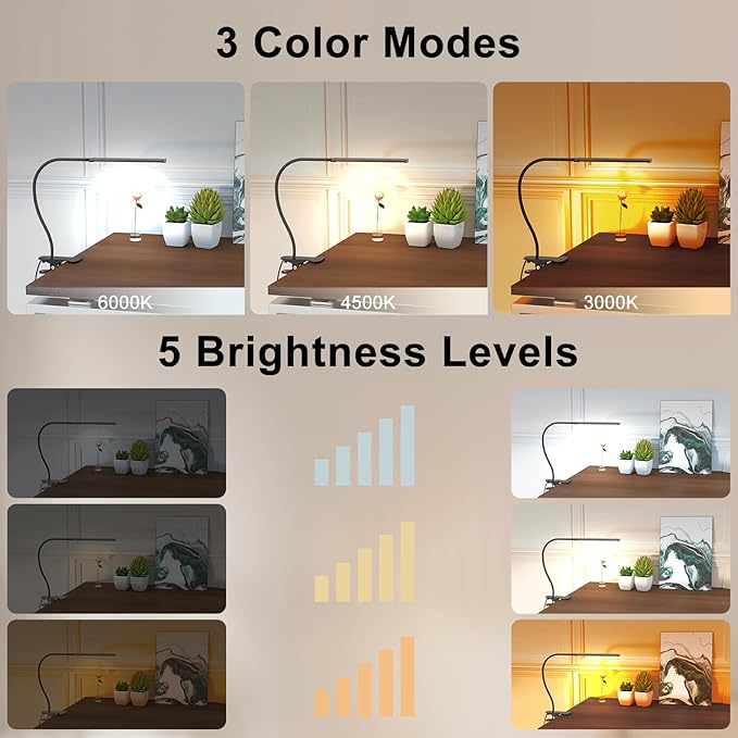 Mojimdo Desk Lamp with Remote, 3 Color & 5 Brightness & 77LED Dimmable Reading Lamp, 15.7'' Flexible Gooseneck Clamp Lamp, Eye-Caring Clip on Light with Adapter for Reading Study Workbench Drafting