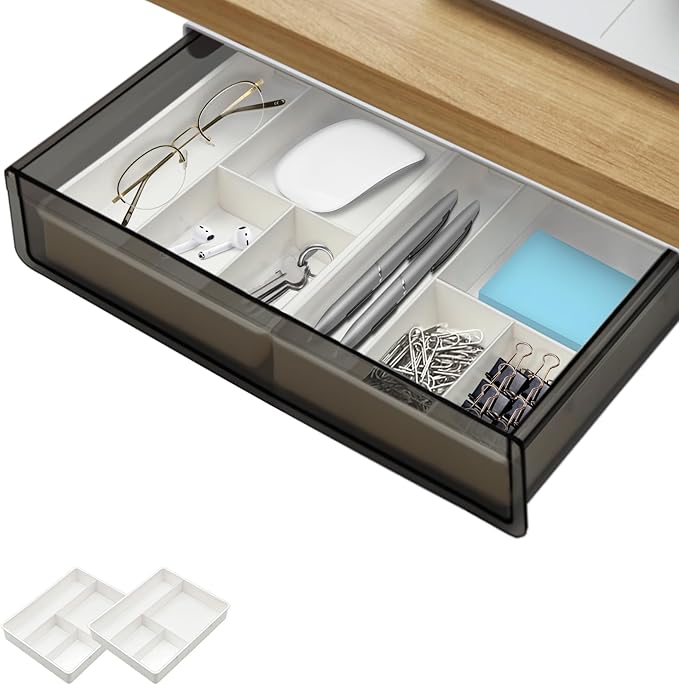 SVNNELP Large Under Desk Table Drawer Storage Organizer, Slide Out Drawer with 2 Desk Divider,Pencil Storage Self-Adhesive Tray Under Table (L/Clear Black+White)