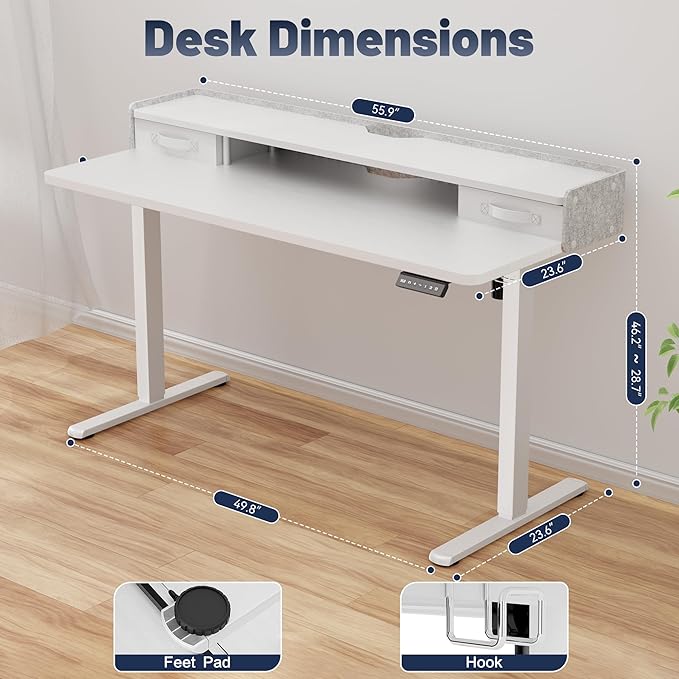 YESHOMY 55" x 23" Electric Standing Desk with 2 Drawers, Height Adjustable Computer Desk, Low Noise Home Office Stand Up Desk with 2 Preset Heights & 2 Hooks, White