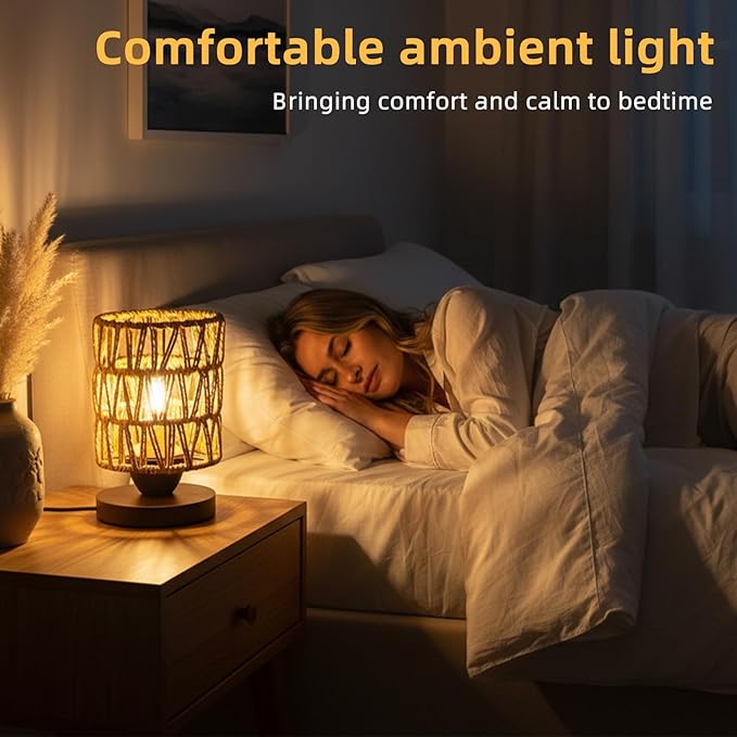 Boho Rattan Table Lamp, Bedroom Bedside Small Lamps with Warm White LED Bulb, Vintage Wooden Nightstand Nightlight, Rustic Handmade Woven End Desk Lamps for Bedroom Living Room Study Kids Room