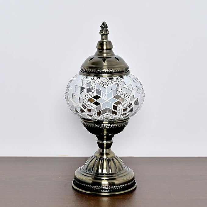 GOGERS Turkish Moroccan Table Lamp Lantern with Handmade Mosaic Glass Lampshade Tiffany Style Bohemian Stained Glass Decorative Desk Lamps Bedside Night Lights for Bedroom (White 2)
