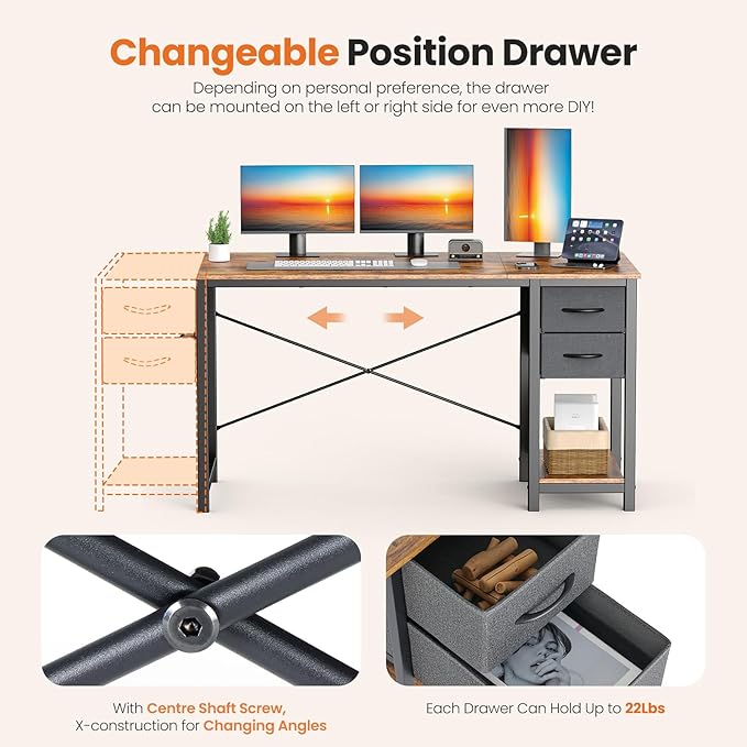 Sweetcrispy 40 Inch Computer Desk with Drawers for Home Office, Writing Desk with X-Shaped Reinforcement, Wood Table with Adjustable Position Drawers, Modern Study Work Table with Side Hook, Rust