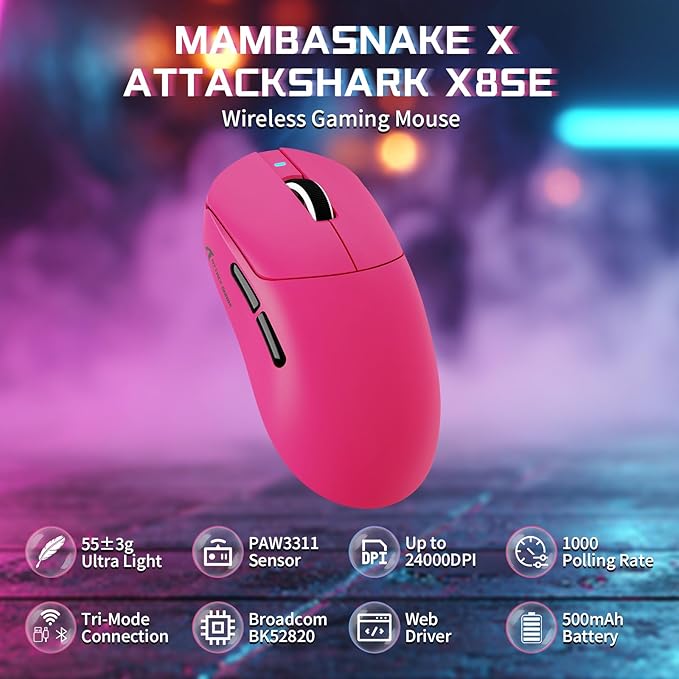 ATTACK SHARK X8SE Wireless Gaming Mouse,Adjustable 25K DPI PAW3311 Optical Sensor,Ergonomic 59g Lightweight,Triple Modes 2.4G/BT/USB-C Wired,500mAH Battery,5 Programmable Buttons for PC/Mac-Red