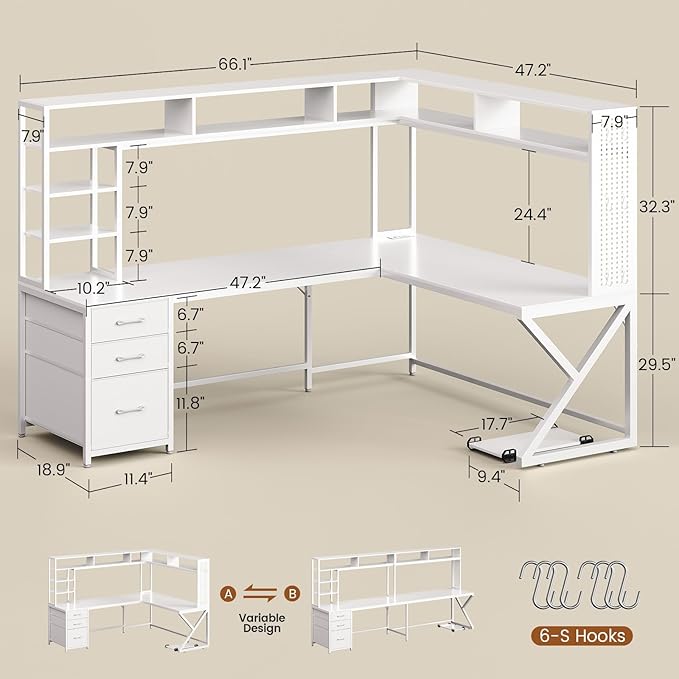 SEDETA Corner Computer Desk, Convertible 94.5" Gaming Desk with Storage Drawers, Hutch and Pegboard, L Shaped Office Desk with Power Outlet, LED Lights for Home Office, White
