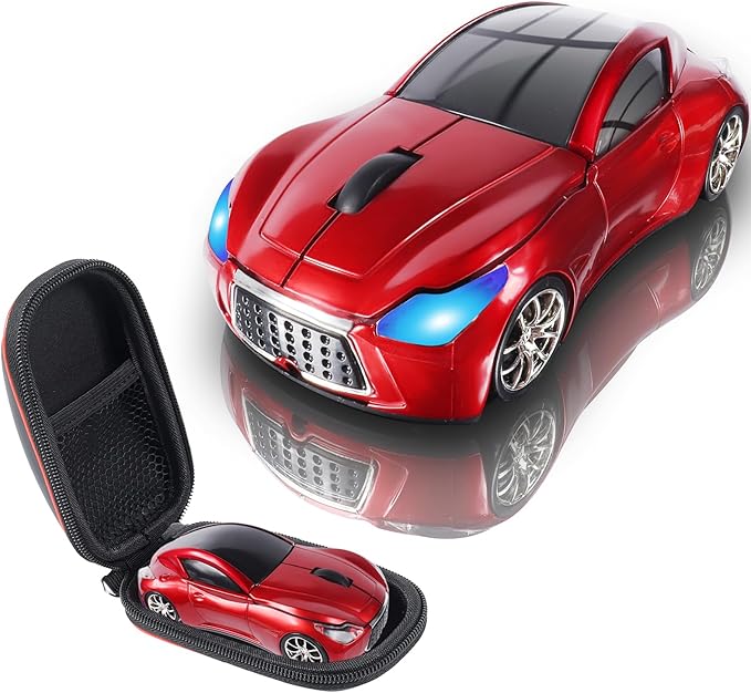 elec Space Wireless Mini Mouse with Case - Cute Sports Car Shape, Lightweight & Portable, 10m Range, Plug and Play (Red)