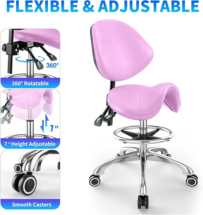 Saddle Chair with Back Support - Tilted Backrest, Adjustable Foot Rest, 350 LBS Capacity Ergonomic, 360° Swivel Drafting Chair for Salon, Spa, Massage, Tattoo, Facial lash, Home,（Macaron Purple）