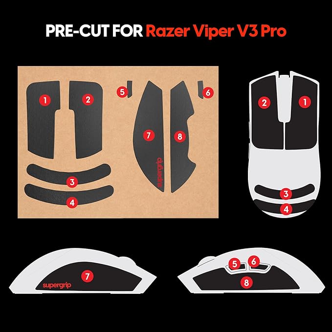 Pulsar Gaming Gears SUPERGRIP Griptape Set for Razer Viper V3 Pro Sweat Absorbing High Performance Anti Slip 3M Adhesive no Residue Mouse Grip Tape Ultra-Thin 0.5mm (0.02in)