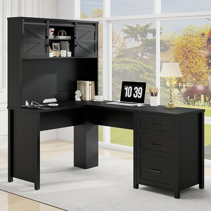 Vabches Farmhouse 68" H L Shaped Desk with Hutch,Office Table with 3 Drawers and Sliding Doors, Executive Desk with File Drawers and Charging Station, Wood Workstation for Home Office and Study