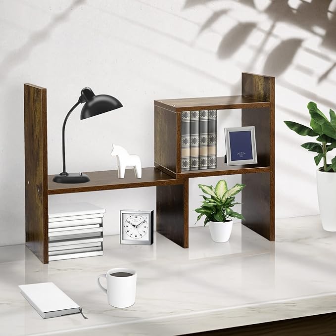 BROWN-BROWN Desktop Shelves & Office Shelves Desk Shelf Organizer Wooden Desk Shelf