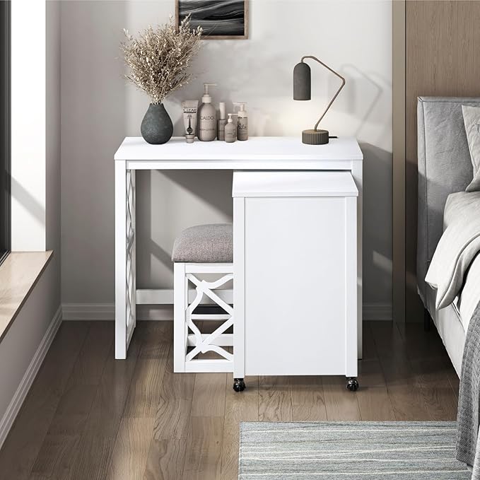 Desks and Stool Set 3pc White Finish Rolling Desk with Casters, 2 Charging Ports Home Office Furniture(White)