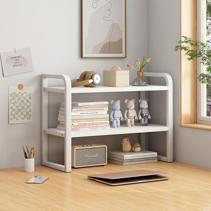 Office Desk Shelf Organizer, Wood Desktop Bookshelf Supplies Storage Rack, Shelf for Top of Desk and Dresser and Cubicle Decor Aesthetic Bookshelf (White White-Two Tier)