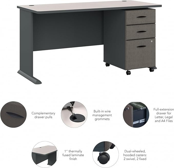 Bush Business Furniture Series A 60W Desk with Mobile File Cabinet in Slate and White Spectrum