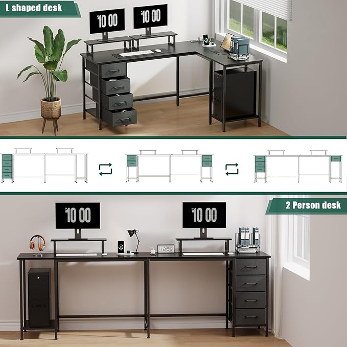 Korfile 59 inch L Shaped Computer Desk with Power Outlets, Home Office Desk with 4 Adjustable Storage Drawers & 2 Monitor Stands, Two Person Gaming Table for Bedroom, Black