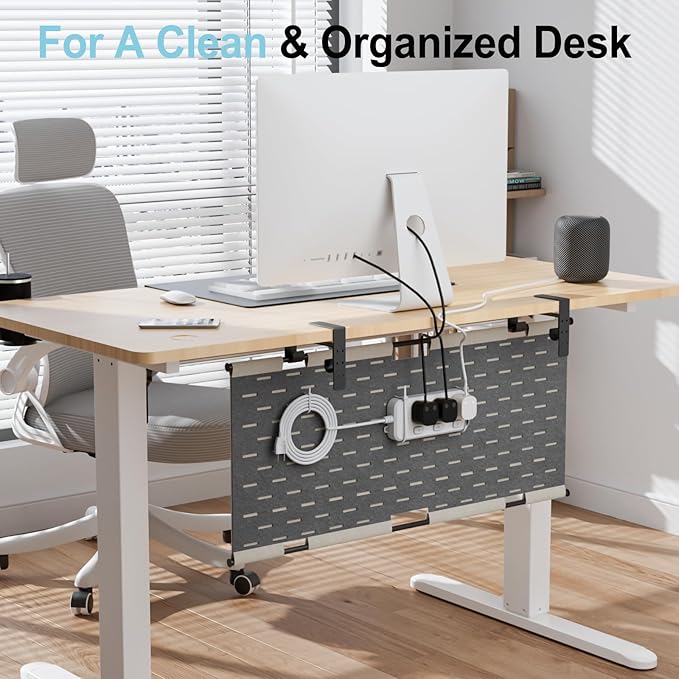 2-in-1 Under Desk Cable Management Tray & Privacy Panel, Dual-Sided Thick Felt Cord Organizer with 20 Cable Ties, Heavy Duty Steel Frame Support, No-Drill Clamp Mount, Large Capacity (Khaki/Gray, 30")