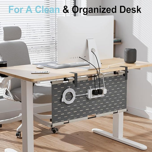 2-in-1 Under Desk Cable Management Tray & Privacy Panel, Dual-Sided Thick Felt Cord Organizer with 20 Cable Ties, Heavy Duty Steel Frame Support, No-Drill Clamp Mount, Large Capacity (Khaki/Gray, 30")